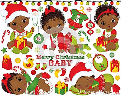 Vector Set with African American Baby Girls Wearing Christmas Clothes and Xmas Elements Vector Illustration