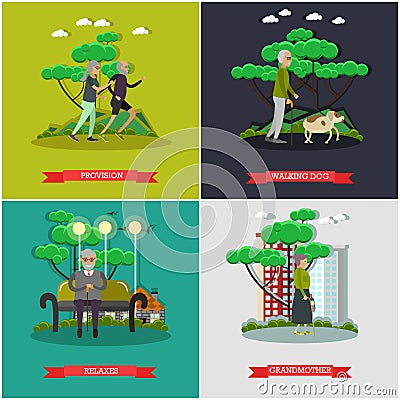 Vector set of aged people posters in flat style Vector Illustration