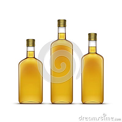 Vector Set of Alcohol Alcoholic Beverages Drinks Whiskey or Sunflower Olive Oil Glass Bottles Isolated on White Vector Illustration