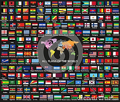 Vector set of all world countriessovereign states flags arranged in alphabetical order. Map of the world with countries names Vector Illustration