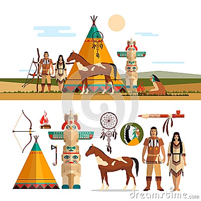 Vector set of American indian tribal objects, icons, design elements in flat style. Totem, fire place Vector Illustration