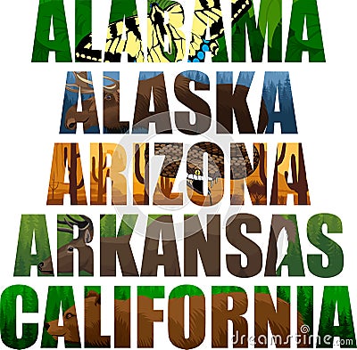 Vector set of American states word with animals - Alabama, Alaska, Arizona, Arkansas, California Vector Illustration