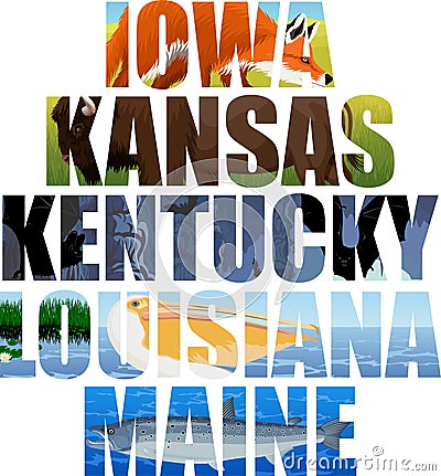 Vector set of American states word with animals - Iowa, Kansas, Kentucky, Louisiana, Maine Vector Illustration