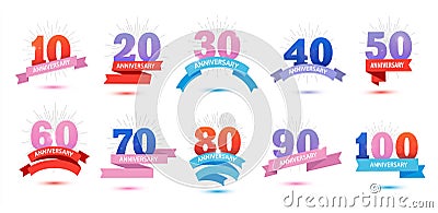Vector set of anniversary dates, numbers. Sun rays, fireworks, ribbons. template design for web, cards, invitation. May Vector Illustration