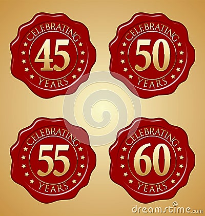 Vector Set of Anniversary Red Wax Seal 45th, 50th, 55th, 60th Vector Illustration