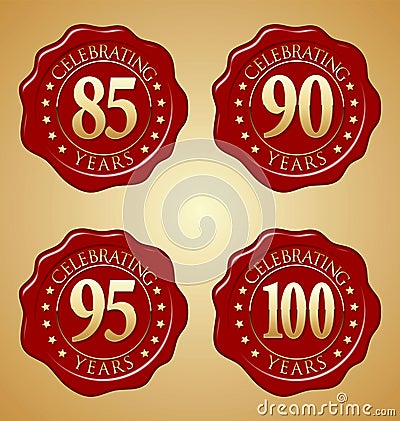 Vector Set of Anniversary Red Wax Seal 85th, 90th, 95th, 100th Vector Illustration