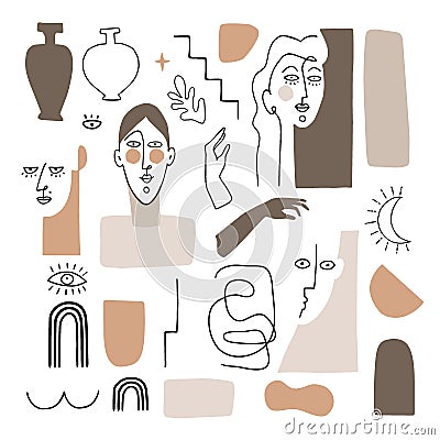 Vector set of artistic and abstract graphic objects. Illustrations of female portraits and vase silhouette in minimal Vector Illustration
