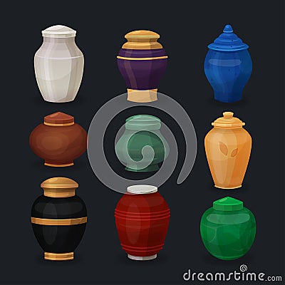 Vector set of ash or cremation urns Vector Illustration