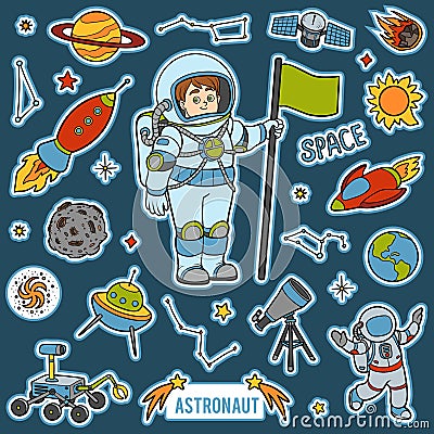 Vector set with astronaut and space objects. Cartoon items Vector Illustration