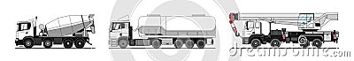 Vector set of auto mixer, tanker truck, truck crane. White empty truck template for advertising; mockup. Work cars. Concrete mixer Vector Illustration