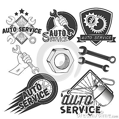 Vector set of auto service labels in vintage style. Car repair shop banners. Mechanic tools isolated on white background Vector Illustration