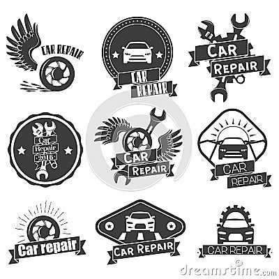 Vector Set Of Auto Service Labels In Vintage Style. Car Repair Shop ...