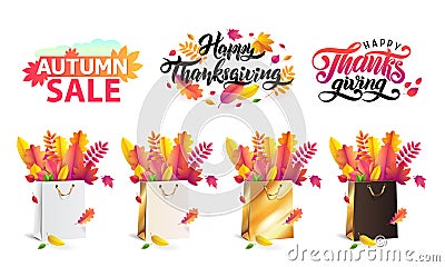 Vector set autumn fallen leaves in gift shopping bags gold, white, black. Thanksgiving lettering set, text autumn sale. Cartoon Illustration