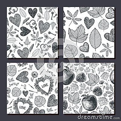 Vector set of autumn seamless doodle patterns. Hearts, leaves, apples, flowers hand drawn elements fall Vector Illustration