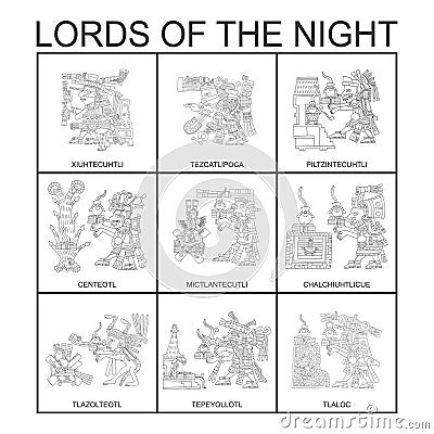 Vector set with Aztec deities Lords of the Night Vector Illustration