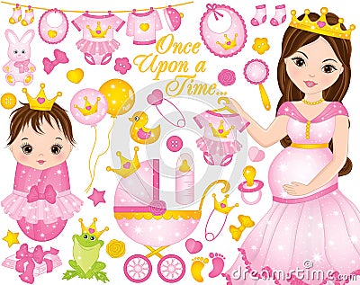 Vector Set for Baby Girl Shower with Pregnant Woman and Baby Girl Dresses as Princesses Vector Illustration