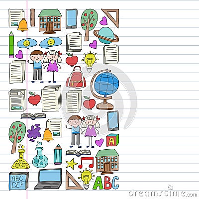 Vector set of Back to School icons in doodle style. Painted, colorful, pictures on a piece of linear paper on white background Stock Photo