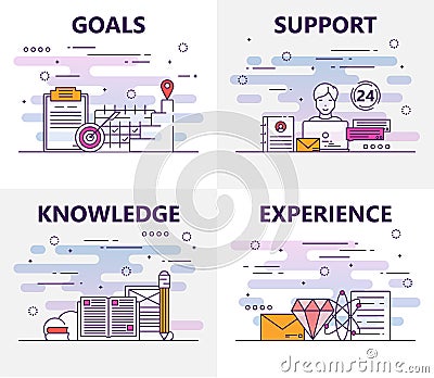 Vector set of banners with goals, support, knowledge, experience concept elements. Thin line flat design symbols and Vector Illustration