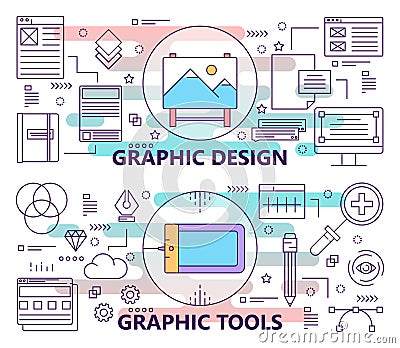 Vector set of banners with graphic design and graphic tools concept templates. Modern thin line flat design elements Vector Illustration