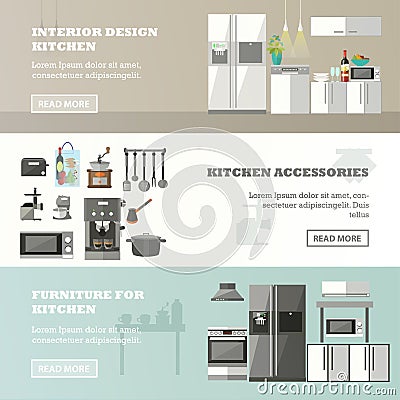 Vector set of banners with kitchen interior, accessories and furniture Vector Illustration