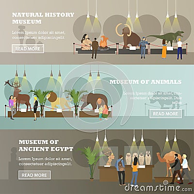 Vector set of banners with various museum expositions, flat style Vector Illustration