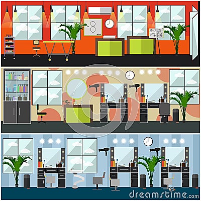 Vector set of barbershop, hair salon, tattoo studio interior posters Vector Illustration