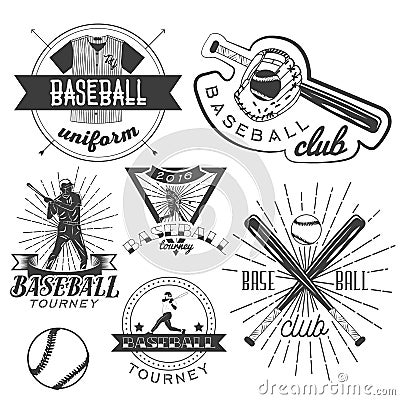 Vector set of baseball labels in vintage style. Sport concept. Bat and ball. Vector Illustration