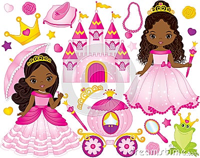 Vector Set of Beautiful African American Princesses and Fairytale Elements Vector Illustration