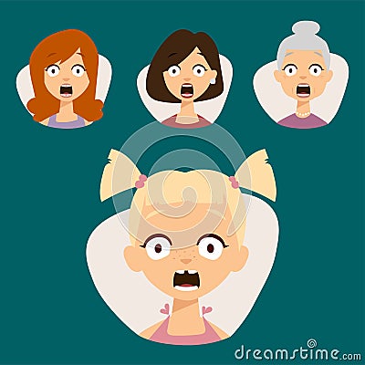 Vector set beautiful emoticons face of people fear shock surprise avatars characters illustration Vector Illustration