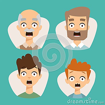 Vector set beautiful emoticons face of people fear shock surprise avatars characters illustration Vector Illustration