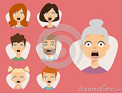 Vector set beautiful emoticons face of people fear shock surprise avatars characters illustration Vector Illustration