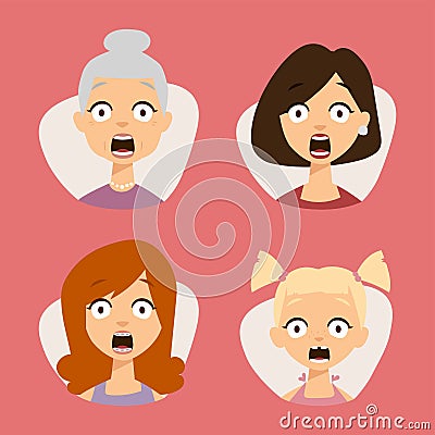 Vector set beautiful emoticons face of people fear shock surprise avatars characters illustration Vector Illustration