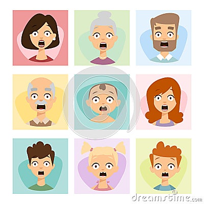 Vector set beautiful emoticons face of people fear shock surprise avatars characters illustration Vector Illustration