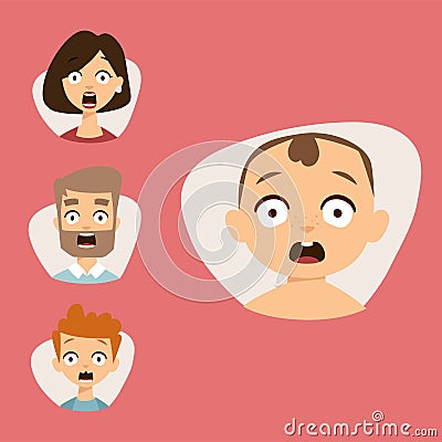 Vector set beautiful emoticons face of people fear shock surprise avatars characters illustration Vector Illustration