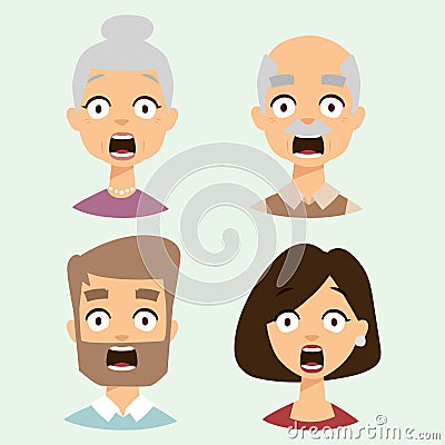 Vector set beautiful emoticons face of people fear shock surprise avatars characters illustration Vector Illustration