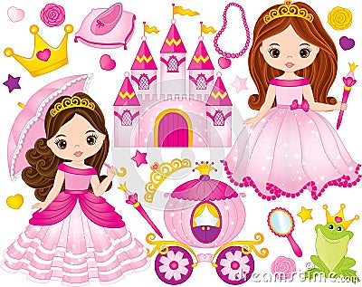 Vector Set of Beautiful Princesses and Fairytale Elements Vector Illustration
