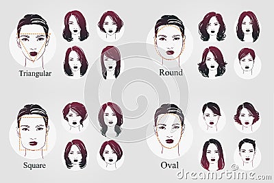 Vector set beautiful women icon portraits with differnt haircut and oval, round, triangular, square type faces. Hand drawn Vector Illustration