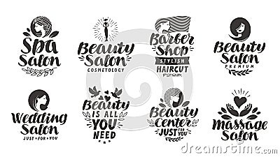 Vector set beauty salon labels, logos and icons. Lettering Spa, Barber shop, Wedding, Massage Vector Illustration