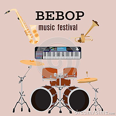 Vector set of bebop jazz music instruments, flat design. Vector Illustration