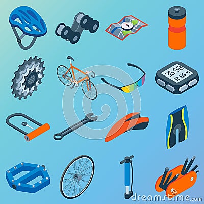 Vector set of bicycle parts isolated isometric icons. Bicycle objects and design elements. Bike repair gears. Stars Vector Illustration