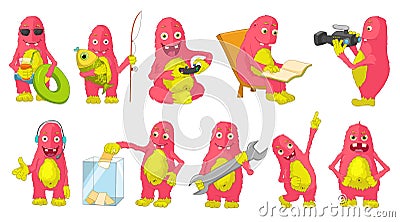 Vector set of big pink monsters cartoon illustrations. Vector Illustration