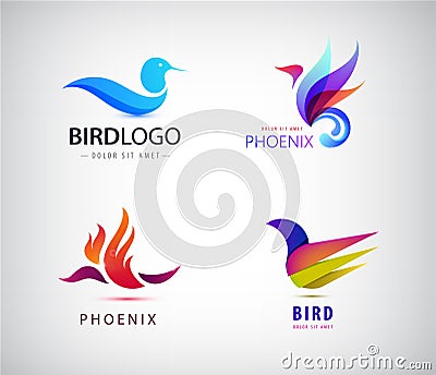 Vector set of birds logos, phoenix icons isolated. Vector Illustration