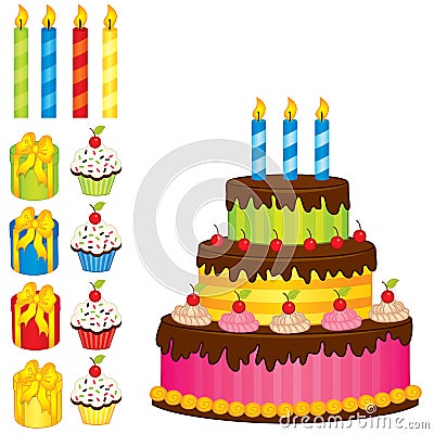 Vector Set with Birthday Cake, Candles, Cupcakes and Gift Boxes Vector Illustration