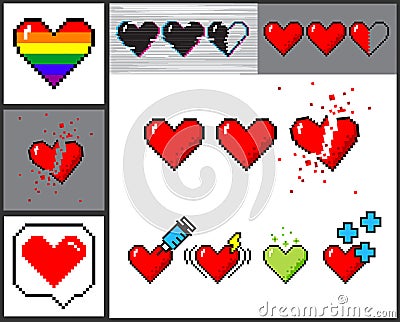 Vector set of 8 bit pixel art hearts Vector Illustration
