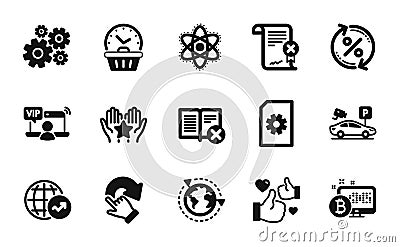Vector set of Bitcoin system, Reject certificate and Chemistry atom icons simple set. Vector Vector Illustration