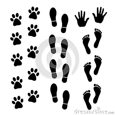 Vector set of black footprints of humans and animals. Vector Illustration