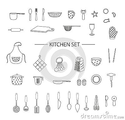 Vector set of black kitchen tools isolated on white background. Monochrome pack of apron, cutlery, chopping board, saucepan, Vector Illustration
