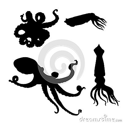 Vector Set of Black Silhouette Cephalopod Illustrations. Octopus, Cuttle and Squid Vector Illustration