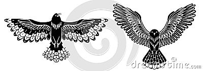 Vector set of black silhouette decorative flying birds. Monochrome cliparts of an owl and hawk with spread wings isolated from Stock Photo