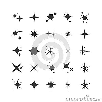 Vector set of black sparkles. Collection of star sparkles symbol. Magic particle effect icon. Star shine, flat design. Vector Illustration